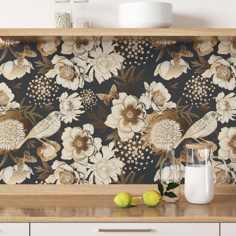 Wallercity Golden/Black Peony Peel and Stick Floral Wallpaper Vintage Floral Contact Paper for Cabinets and Drawers Vinyl Self Adhesive Removable Vintage Wallpaper for Bedroom Shelf Liner 17.5''x102'' - Image 4