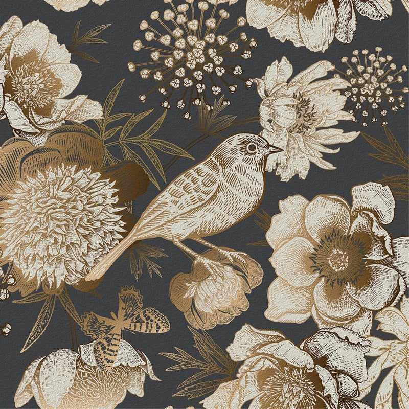 Wallercity Golden/Black Peony Peel and Stick Floral Wallpaper Vintage Floral Contact Paper for Cabinets and Drawers Vinyl Self Adhesive Removable Vintage Wallpaper for Bedroom Shelf Liner 17.5''x102'' - Image 1