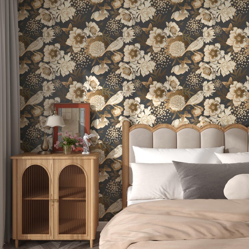 Wallercity Golden/Black Peony Peel and Stick Floral Wallpaper Vintage Floral Contact Paper for Cabinets and Drawers Vinyl Self Adhesive Removable Vintage Wallpaper for Bedroom Shelf Liner 17.5''x102'' - Image 2
