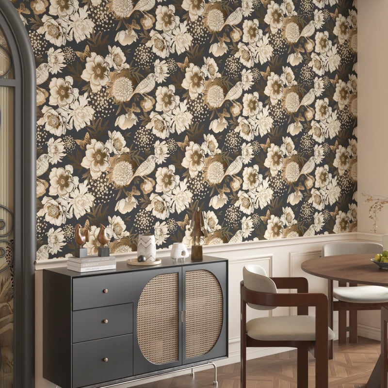 Wallercity Golden/Black Peony Peel and Stick Floral Wallpaper Vintage Floral Contact Paper for Cabinets and Drawers Vinyl Self Adhesive Removable Vintage Wallpaper for Bedroom Shelf Liner 17.5''x102'' - Image 5