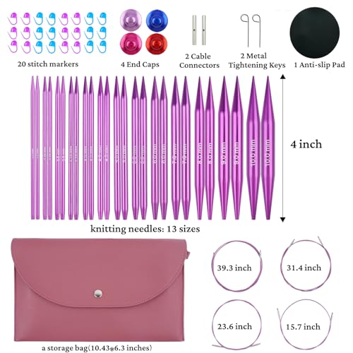 Hobekoee 13 Pairs Interchangeable Circular Knitting Needles Set 3mm-10mm Interchangeable Aluminum Round Knitting Needles Set with 4 Memoryless Cables for DIY Knitting Lovers - Image 2