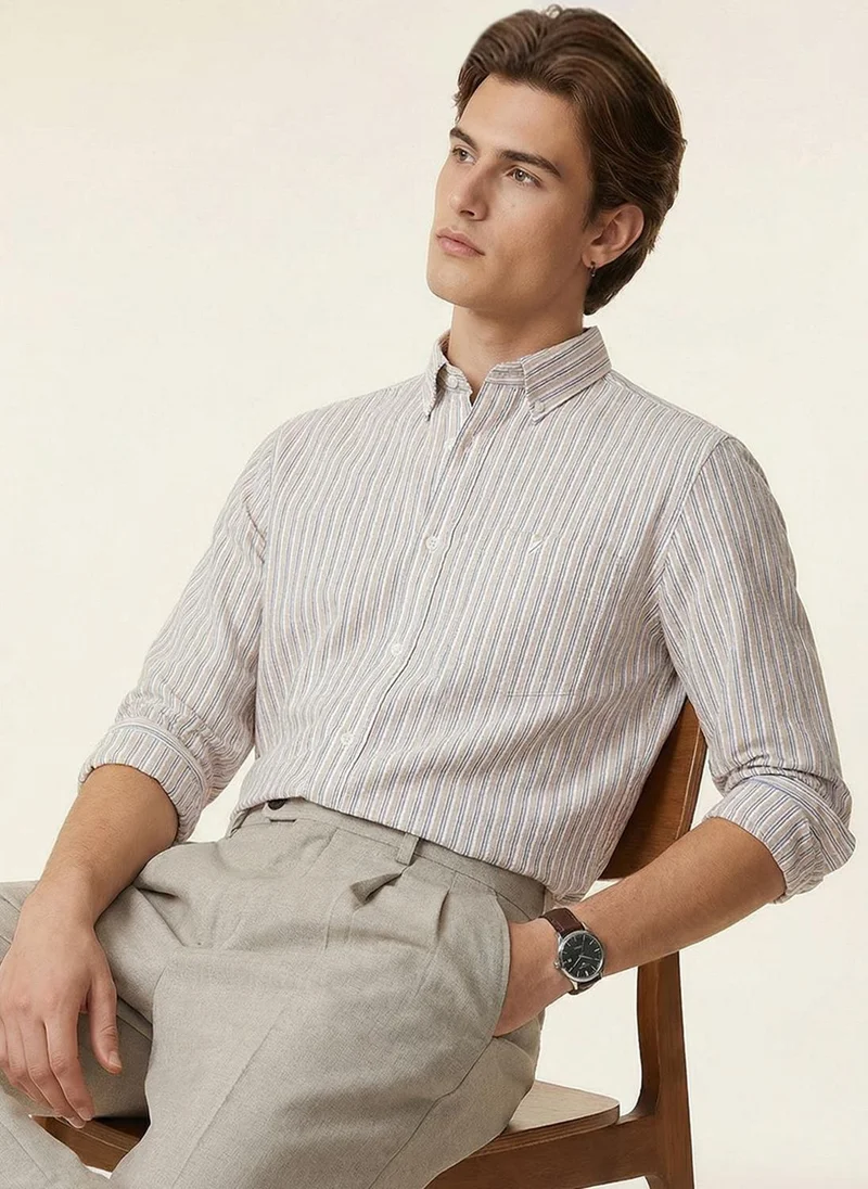 نوتيكا Men Beige Striped Cotton Linen Regular Fit Shirt