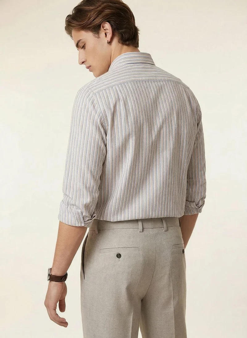 نوتيكا Men Beige Striped Cotton Linen Regular Fit Shirt