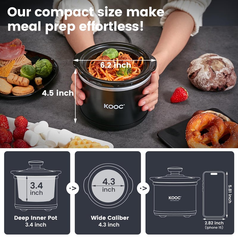 KOOC Small Slow Cooker, 0.65 Quart, Free Liners Included, Upgraded Ceramic Pot, Nutrient Loss Reduction, Sauces, Stews & Dips, Stainless Steel, Black, Round - Image 2
