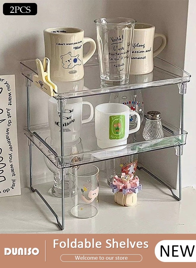 DUNISO 2 قطع رفوف أكريليك قابلة للطي للتخزين المنزلي، رفوف قابلة للتكديس لمطبخ الحمام، تنظيم سهل لأسطح المطبخ والخزائن - Image 1