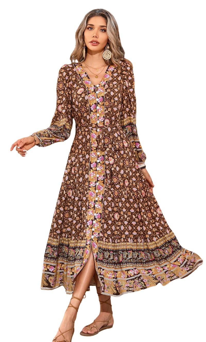 R.Vivimos Women's Long Sleeve Boho Midi Dress V Neck Floral Print Casual Button Down Loose Ruffle Beach Long Dress with Belt (Small, Brown) - Image 1