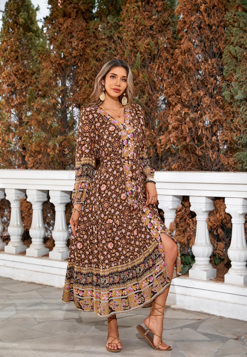 R.Vivimos Women's Long Sleeve Boho Midi Dress V Neck Floral Print Casual Button Down Loose Ruffle Beach Long Dress with Belt (Small, Brown) - Image 3