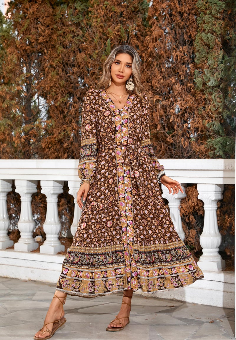 R.Vivimos Women's Long Sleeve Boho Midi Dress V Neck Floral Print Casual Button Down Loose Ruffle Beach Long Dress with Belt (Small, Brown) - Image 2