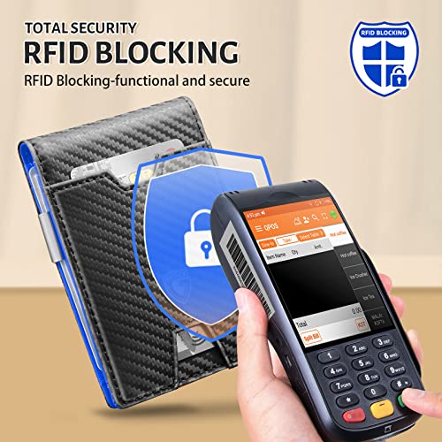 GSOIAX Men's Slim RFID Blocking Leather Wallet with Money Clip | Minimalist Carbon Fiber Bifold Credit Card Holder | 11 Card Slots | Gift Box Included(Carbon Blue) - Image 4