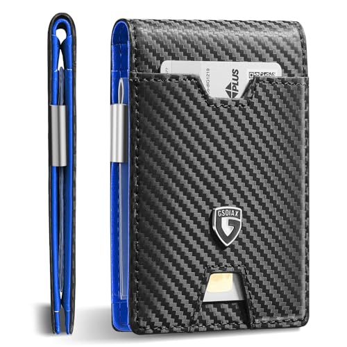 GSOIAX Men's Slim RFID Blocking Leather Wallet with Money Clip | Minimalist Carbon Fiber Bifold Credit Card Holder | 11 Card Slots | Gift Box Included(Carbon Blue) - Image 1