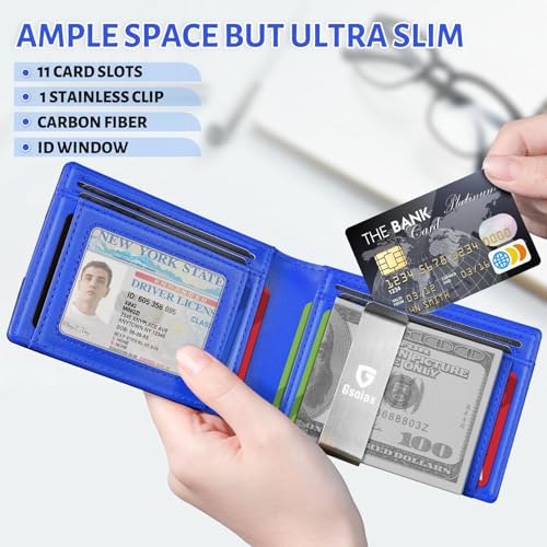 GSOIAX Men's Slim RFID Blocking Leather Wallet with Money Clip | Minimalist Carbon Fiber Bifold Credit Card Holder | 11 Card Slots | Gift Box Included(Carbon Blue) - Image 3