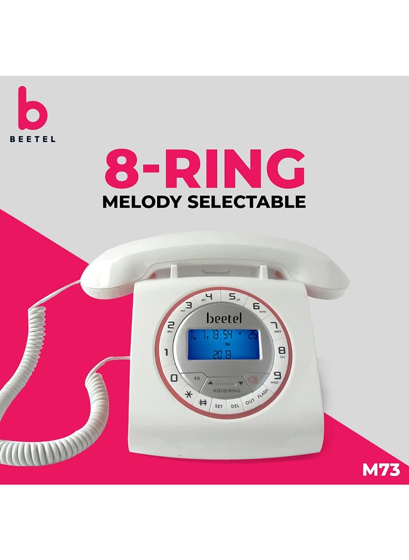 Beetel - Beetel M73 Caller ID Corded Landline Phone with 16 Digit LCD Display, Retro Design, Alphanumeric Keypad, 2-Way Speaker Phone, Adjustable Ringing (White & Red)(M73) - Image 1
