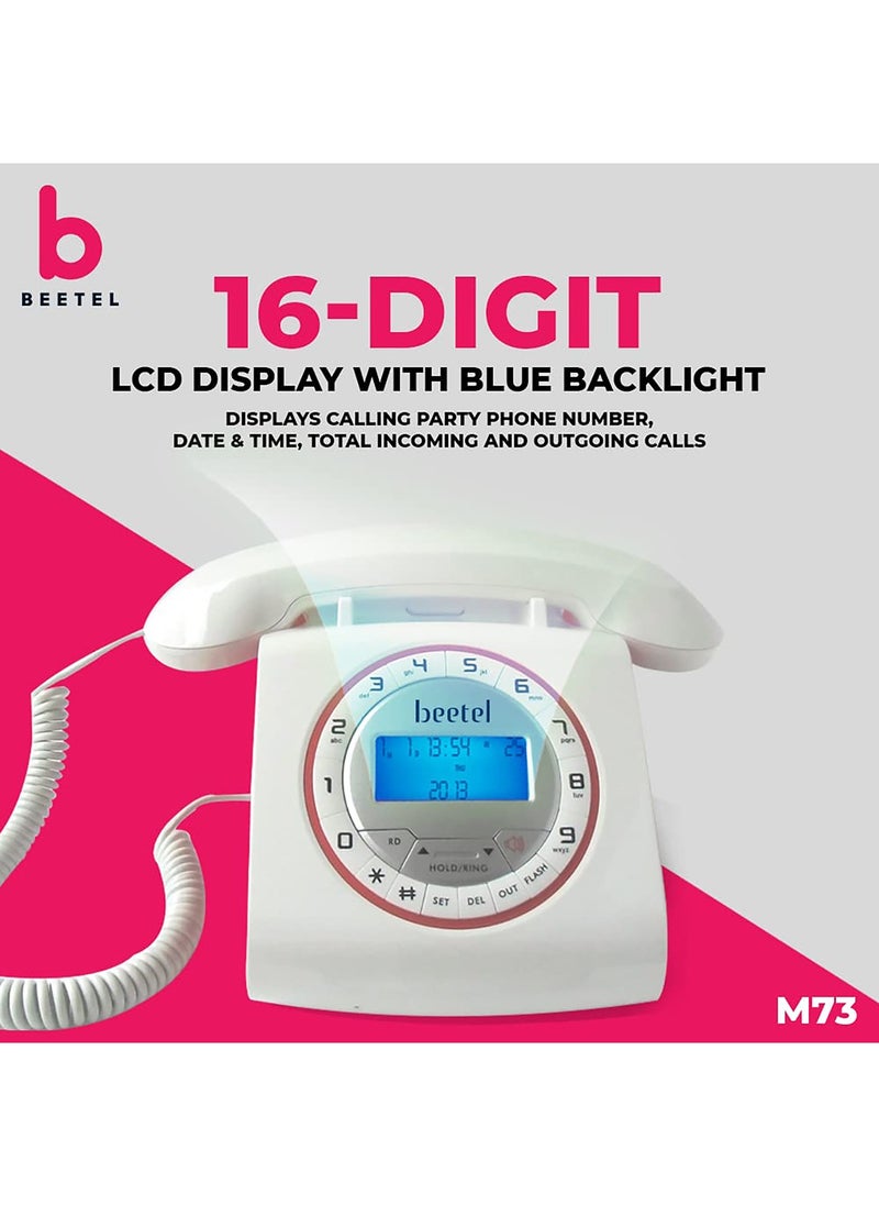 Beetel - Beetel M73 Caller ID Corded Landline Phone with 16 Digit LCD Display, Retro Design, Alphanumeric Keypad, 2-Way Speaker Phone, Adjustable Ringing (White & Red)(M73) - Image 1