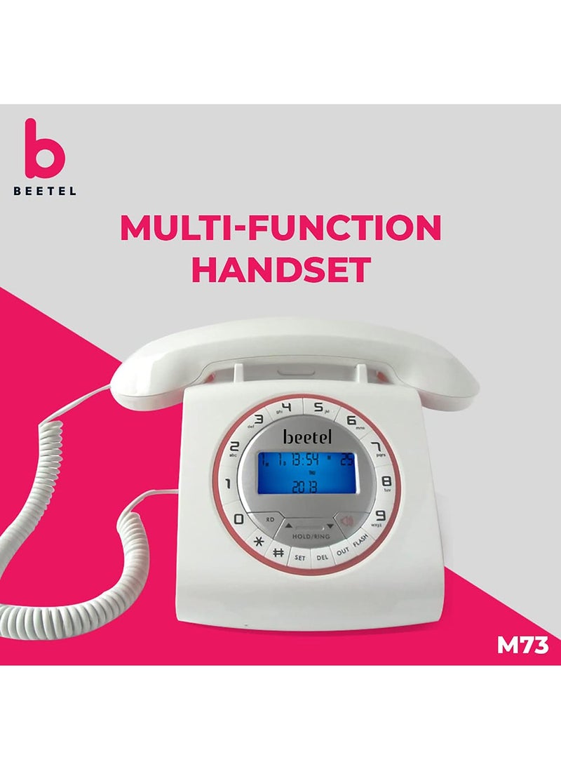 Beetel - Beetel M73 Caller ID Corded Landline Phone with 16 Digit LCD Display, Retro Design, Alphanumeric Keypad, 2-Way Speaker Phone, Adjustable Ringing (White & Red)(M73) - Image 1