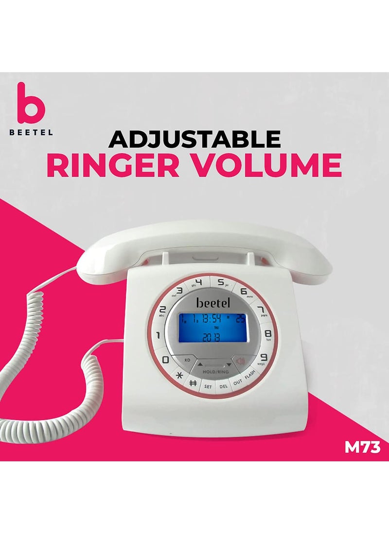 Beetel - Beetel M73 Caller ID Corded Landline Phone with 16 Digit LCD Display, Retro Design, Alphanumeric Keypad, 2-Way Speaker Phone, Adjustable Ringing (White & Red)(M73) - Image 1