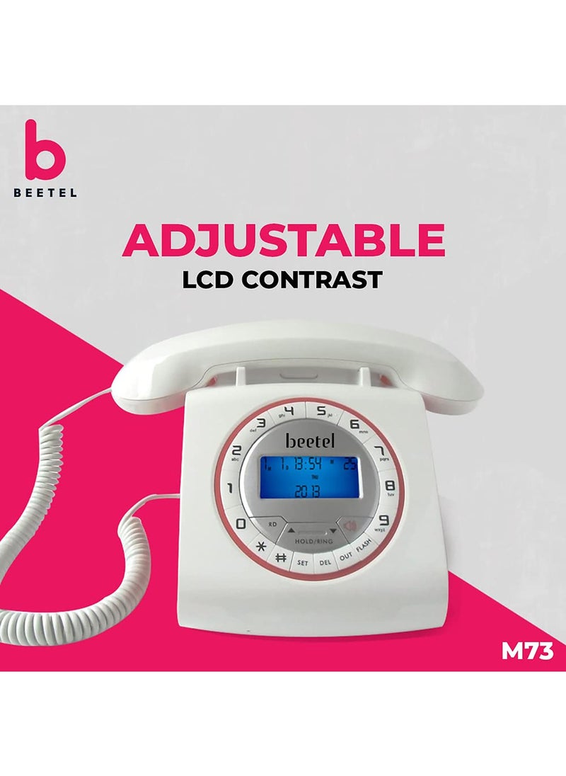 Beetel - Beetel M73 Caller ID Corded Landline Phone with 16 Digit LCD Display, Retro Design, Alphanumeric Keypad, 2-Way Speaker Phone, Adjustable Ringing (White & Red)(M73) - Image 1