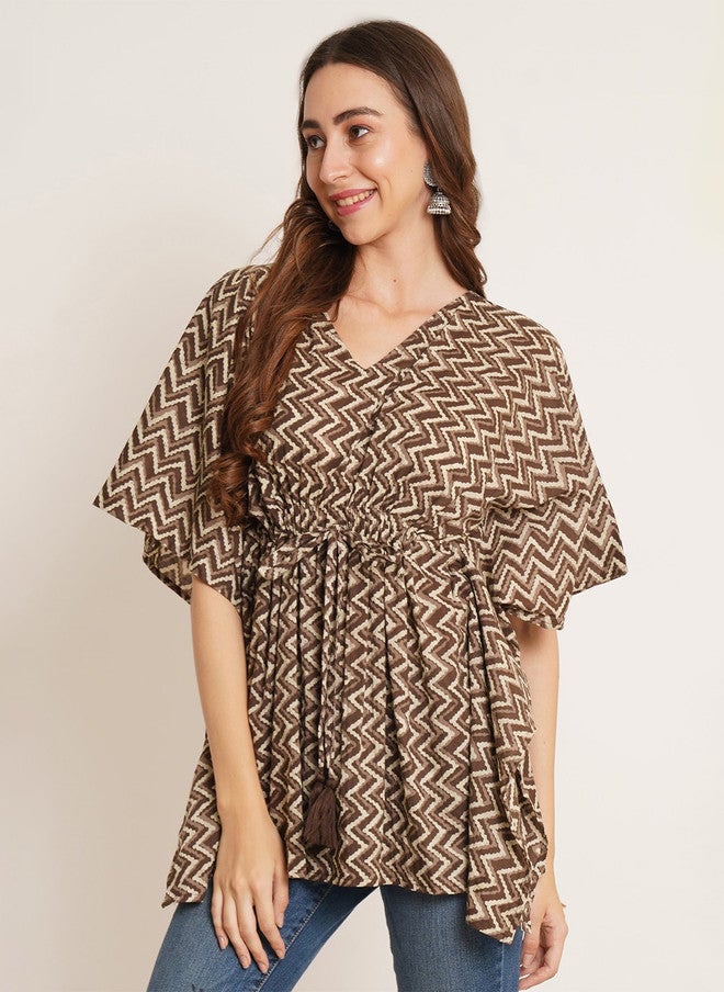 COTLAND FASHION Geometric Printed V-Neck Kimono Sleeves Pure Cotton Kaftan Longline Top - Image 4