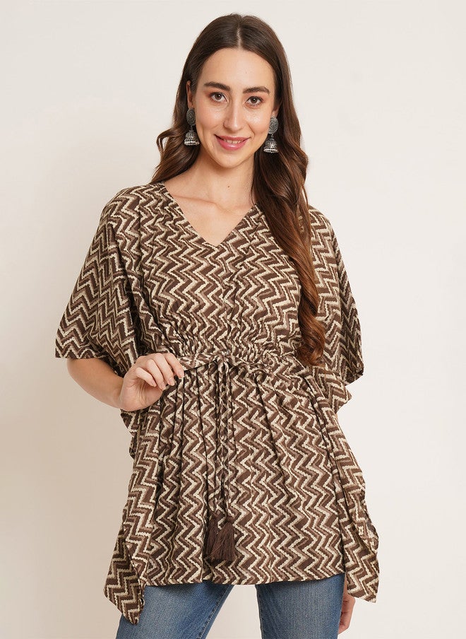 COTLAND FASHION Geometric Printed V-Neck Kimono Sleeves Pure Cotton Kaftan Longline Top - Image 1