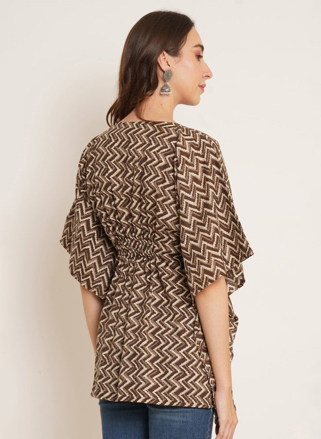 COTLAND FASHION Geometric Printed V-Neck Kimono Sleeves Pure Cotton Kaftan Longline Top - Image 5