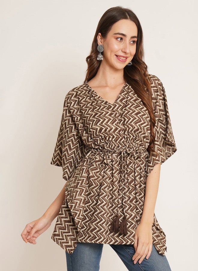 COTLAND FASHION Geometric Printed V-Neck Kimono Sleeves Pure Cotton Kaftan Longline Top - Image 3
