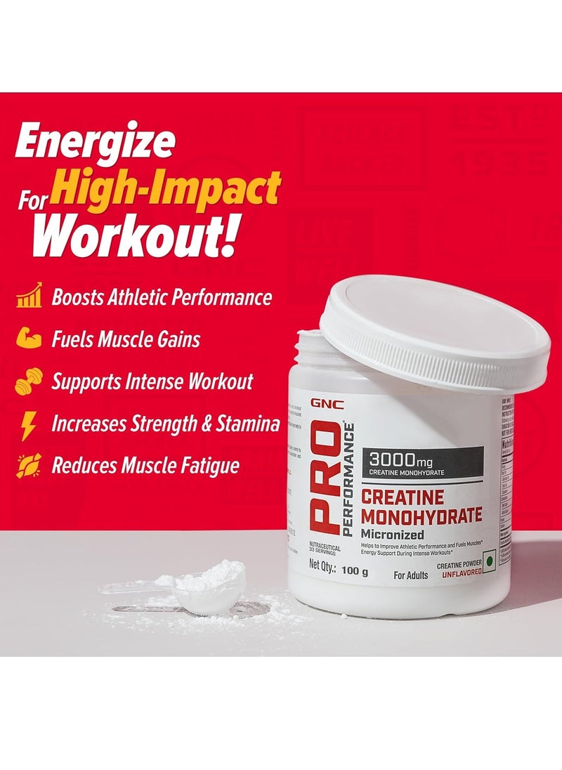 GNC - Pro Performance Micronized Creatine Monohydrate 100 gm  33 Serving Instantized Fuels Muscles Increase Muscle Mass Rapid Absorption  Lab Tested Unflavoured  Boosts Athletic Performance - Image 1