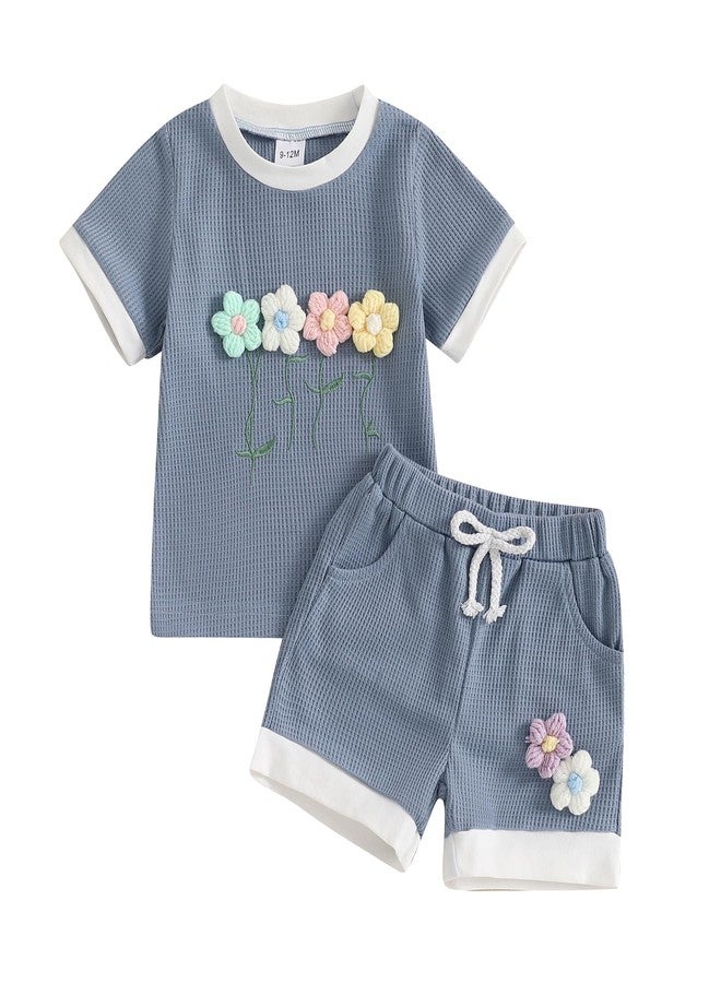 Amnnchya Toddler Baby Girl Outfits Floral Summer Clothes Infant Spring Waffle Short Sleeve Shirt Tops Cute Shorts Set (Blue, 12-18 Months) - Image 1