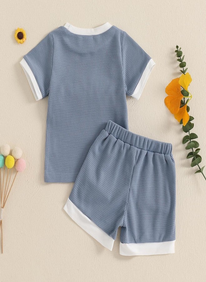 Amnnchya Toddler Baby Girl Outfits Floral Summer Clothes Infant Spring Waffle Short Sleeve Shirt Tops Cute Shorts Set (Blue, 12-18 Months) - Image 4