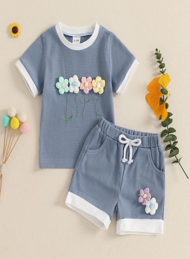 Amnnchya Toddler Baby Girl Outfits Floral Summer Clothes Infant Spring Waffle Short Sleeve Shirt Tops Cute Shorts Set (Blue, 12-18 Months) - Image 2