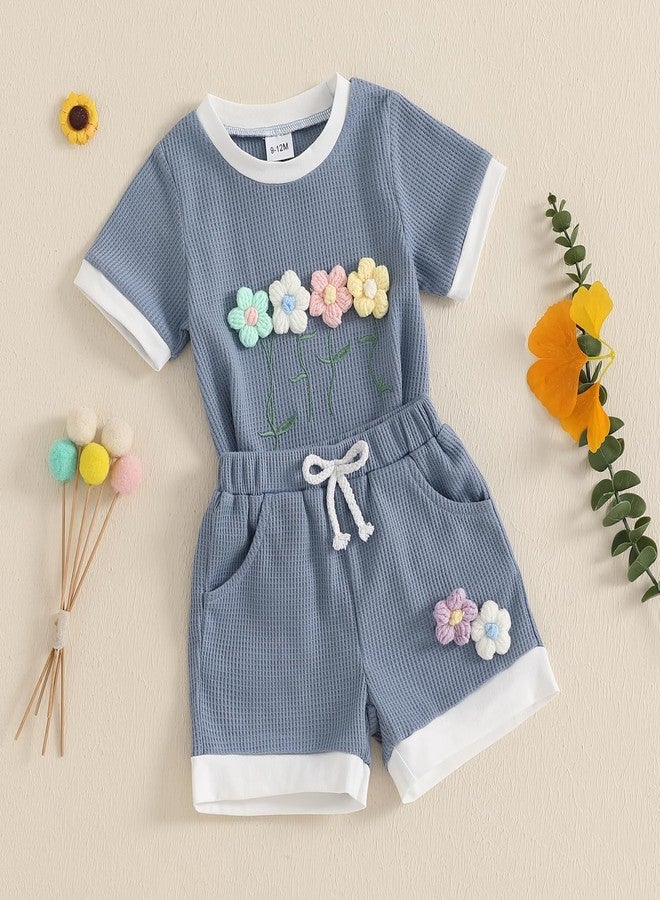 Amnnchya Toddler Baby Girl Outfits Floral Summer Clothes Infant Spring Waffle Short Sleeve Shirt Tops Cute Shorts Set (Blue, 12-18 Months) - Image 3