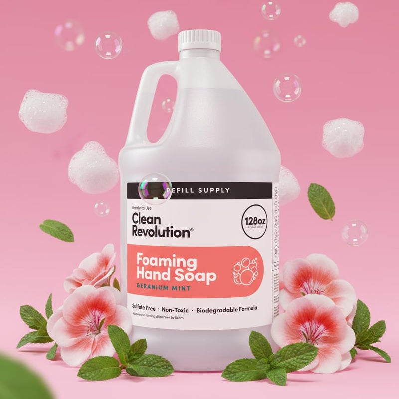 Clean Revolution Foaming Hand Soap, Gentle, Moisturizing, Ready To Use Formula, Real Essential Oils, Gluten Free, Geranium Mint, 128 Fl Oz - Image 2