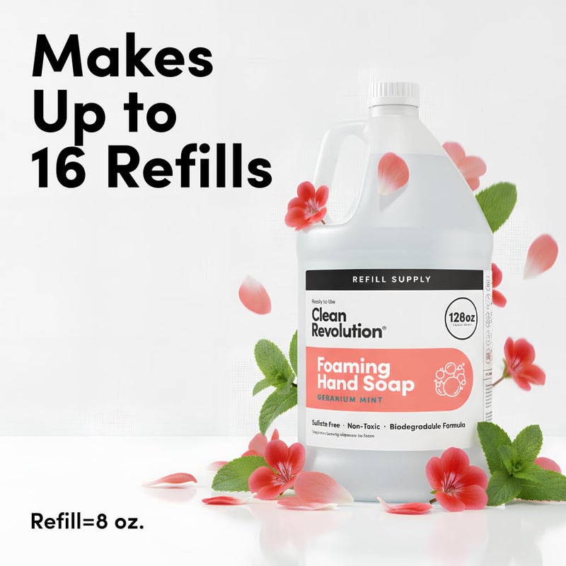 Clean Revolution Foaming Hand Soap, Gentle, Moisturizing, Ready To Use Formula, Real Essential Oils, Gluten Free, Geranium Mint, 128 Fl Oz - Image 3