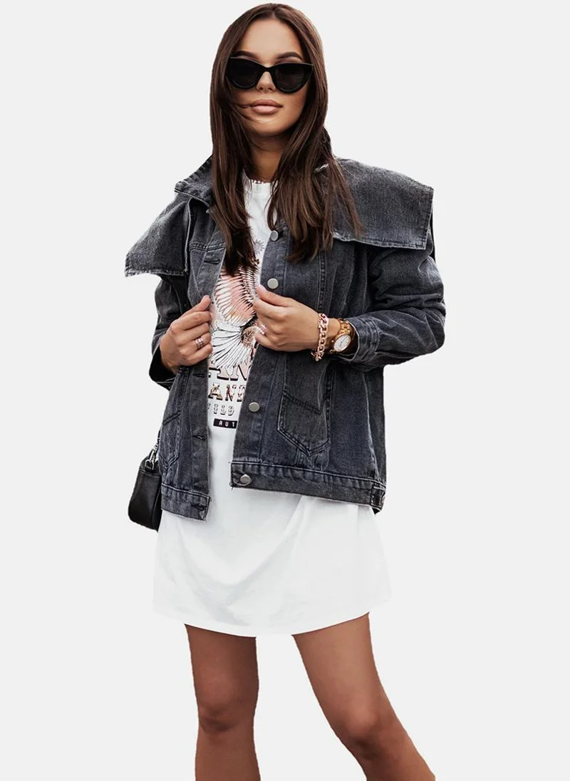 YUNIQEE Black Wing Collar Long Sleeve Denim Jackets