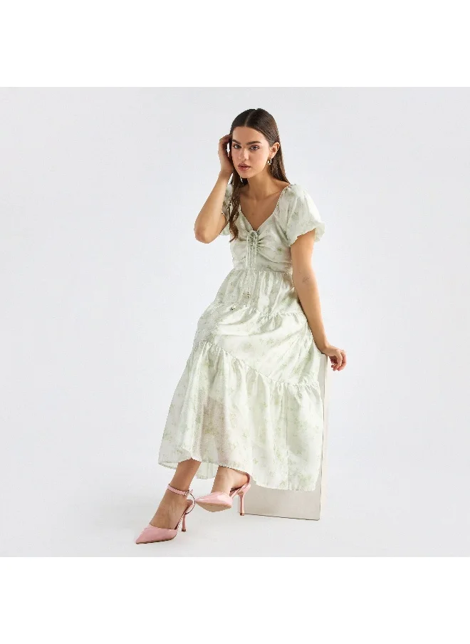 FAV Floral Print Tiered Dress with Sweetheart Neck and Short Sleeves