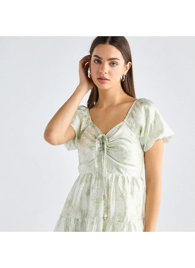 FAV Floral Print Tiered Dress with Sweetheart Neck and Short Sleeves
