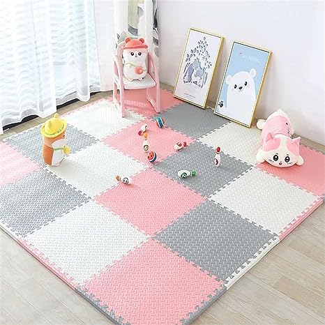SIGNATRON Puzzle Flooring || Kids Interlocking Play mat || Shop Floor Mat || Kitchen Floor Mat || Pet Mat ||12 MM Thick (6 Tiles - 24 Square Feet, Grey - Pink - White) - Image 1