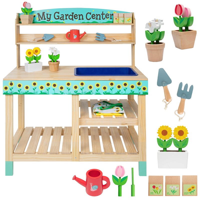 Svan Bloom  Grow Gardening Center Wooden Toy Indoor Playset Kids Easter Gift 22 Pc Garden Stand Set w Flowers Seed Packet Pots Shovel Rake Apron Watering Pot Interactive Fun Pretend Playtime Activity - Image 2