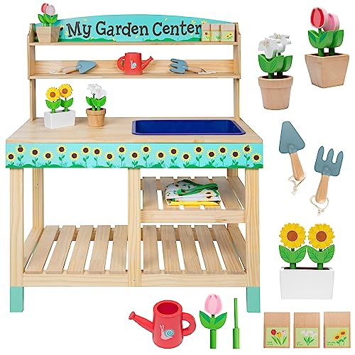 Svan Bloom  Grow Gardening Center Wooden Toy Indoor Playset Kids Easter Gift 22 Pc Garden Stand Set w Flowers Seed Packet Pots Shovel Rake Apron Watering Pot Interactive Fun Pretend Playtime Activity - Image 1