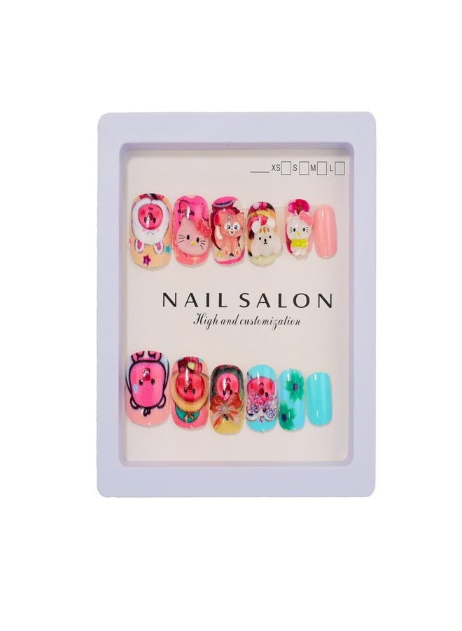 CherryBox Beautiful and Cute 3D Cartoons Nails Set of 12 pieces for Kids and Adults Cartoon Kawaii Resin Art Cartoon Design (Red Blue Pink and Cream Mix Colour) - Image 1