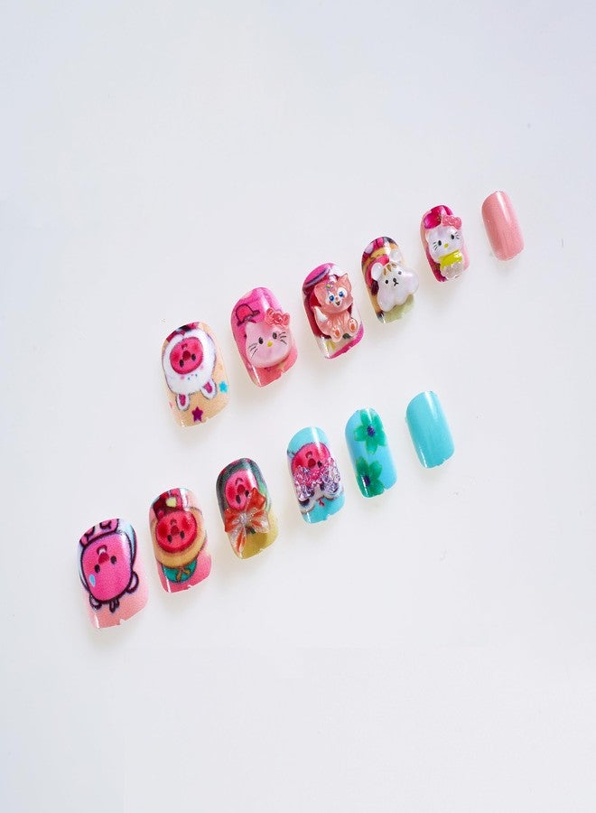 CherryBox Beautiful and Cute 3D Cartoons Nails Set of 12 pieces for Kids and Adults Cartoon Kawaii Resin Art Cartoon Design (Red Blue Pink and Cream Mix Colour) - Image 4