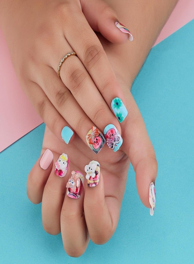 CherryBox Beautiful and Cute 3D Cartoons Nails Set of 12 pieces for Kids and Adults Cartoon Kawaii Resin Art Cartoon Design (Red Blue Pink and Cream Mix Colour) - Image 2