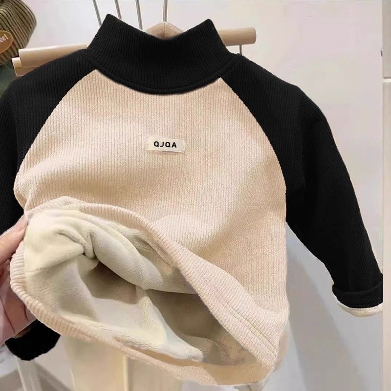 Children's Baby's Velvet Warm Base Shirt Winter New Boys and Girls fleece-lined Thickened Labeling Long-sleeved T-shirt Top - Image 3