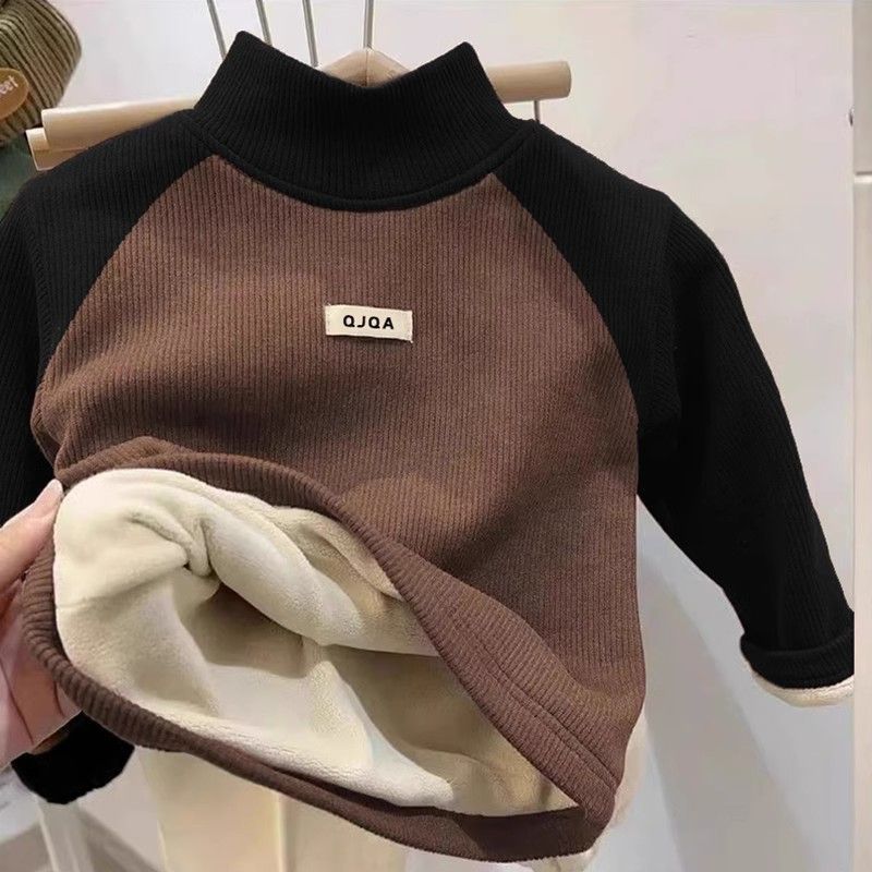 Children's Baby's Velvet Warm Base Shirt Winter New Boys and Girls fleece-lined Thickened Labeling Long-sleeved T-shirt Top - Image 2