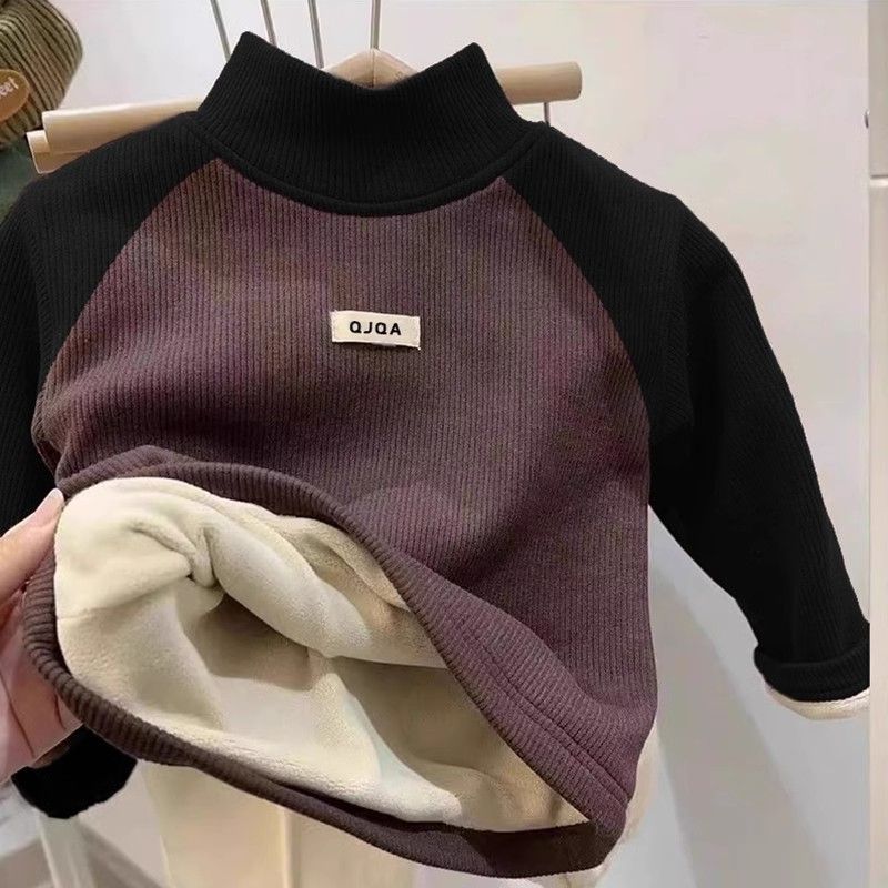 Children's Baby's Velvet Warm Base Shirt Winter New Boys and Girls fleece-lined Thickened Labeling Long-sleeved T-shirt Top - Image 5