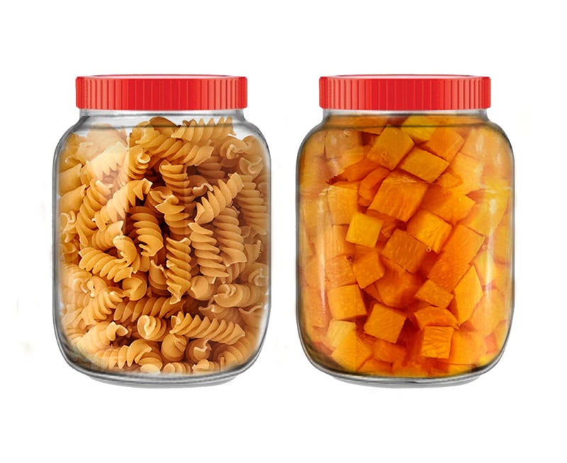 Brezzycloud Piraml Glass Round Shape Transparent Glass Jars & Containers for Kitchen Pantry, Snacks,Dry Fruits, Coffee Beans Storage with Red Color Plastic Lid (Set Of 2) (3000ml Round Red Cap) - Image 1