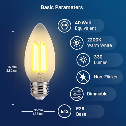 FLSNT 40W Equivalent LED Chandelier Light Bulbs, Dimmable Amber LED B11 E26 Candelabra Base Bulbs, 2200K Warm White, 330LM, 6 Pack UL,CA65 Listed. - Image 2
