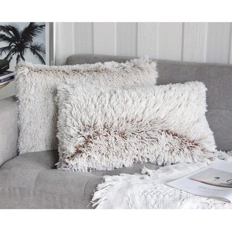 Uhomy 2 Packs Fluffy Accent Pillows Cover 18"x18", Soft Brown Ombre Artificial Fur Throw Pillow Case, Modern Luxury Decorative Square Cushion Cover for farmhouse home decor for Sofa/Bed/Chair, 45x45cm - Image 1
