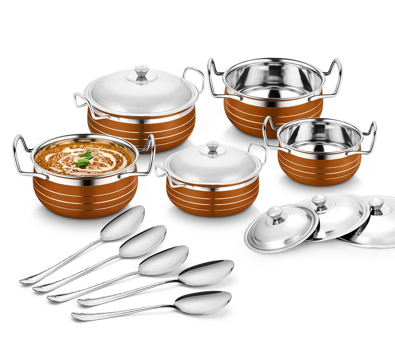 Classic Essentials Stainless Steel Copper Coloured Cooking and Serving Handi Set of 5 Pieces with 5 Steel Lid|Serving Handi Set|Biryani Handi Set|Handi Set for Kitchen - Image 1