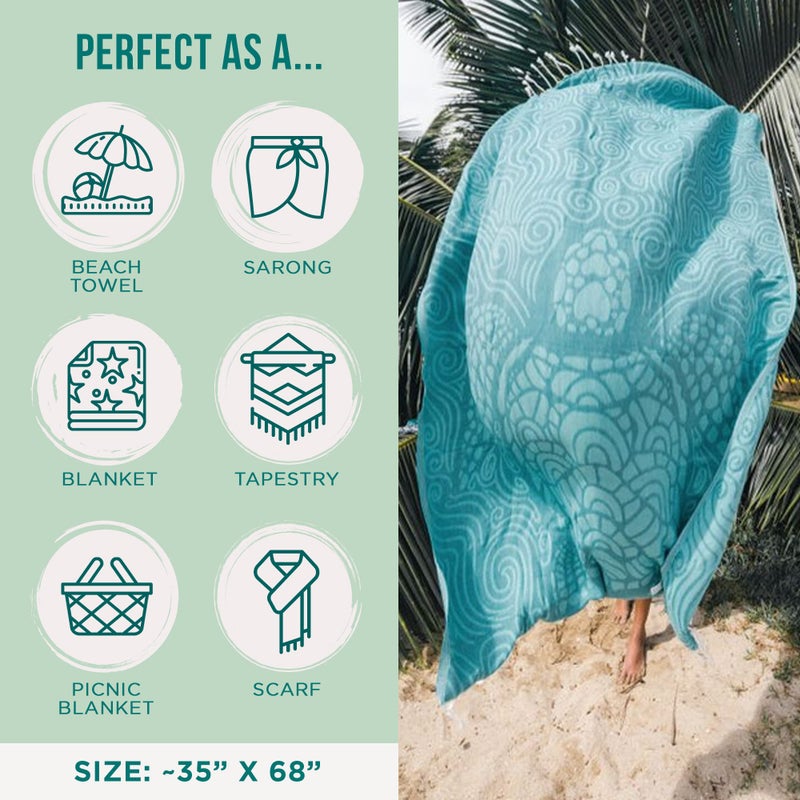 Sand Cloud Turkish Beach Towel - Sand Free - 100% Organic Turkish Cotton Yarn - Quick Dry Towel for Beach, Picnic, Blanket or Bath Towel - As Seen on Shark Tank - Marine Life (Swirl Turtle) - Image 3