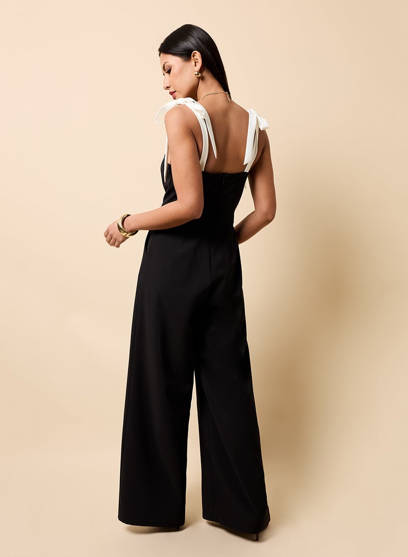 Little Mistress Contrast Shoulder Bow Detail Jumpsuit - Image 2