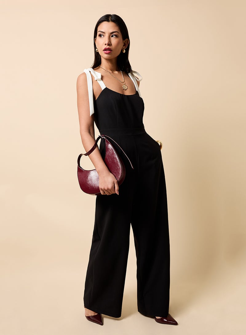 Little Mistress Contrast Shoulder Bow Detail Jumpsuit - Image 1